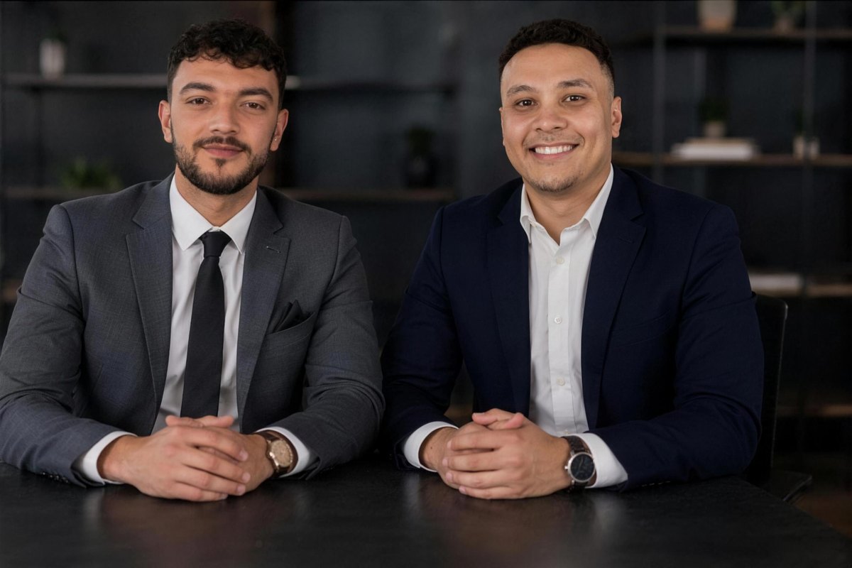 Nurdin Ibrahim und Karim Maged, die Gründer von NORQIS, sitzen nebeneinander an einem dunklen Tisch und schauen in die Kamera.